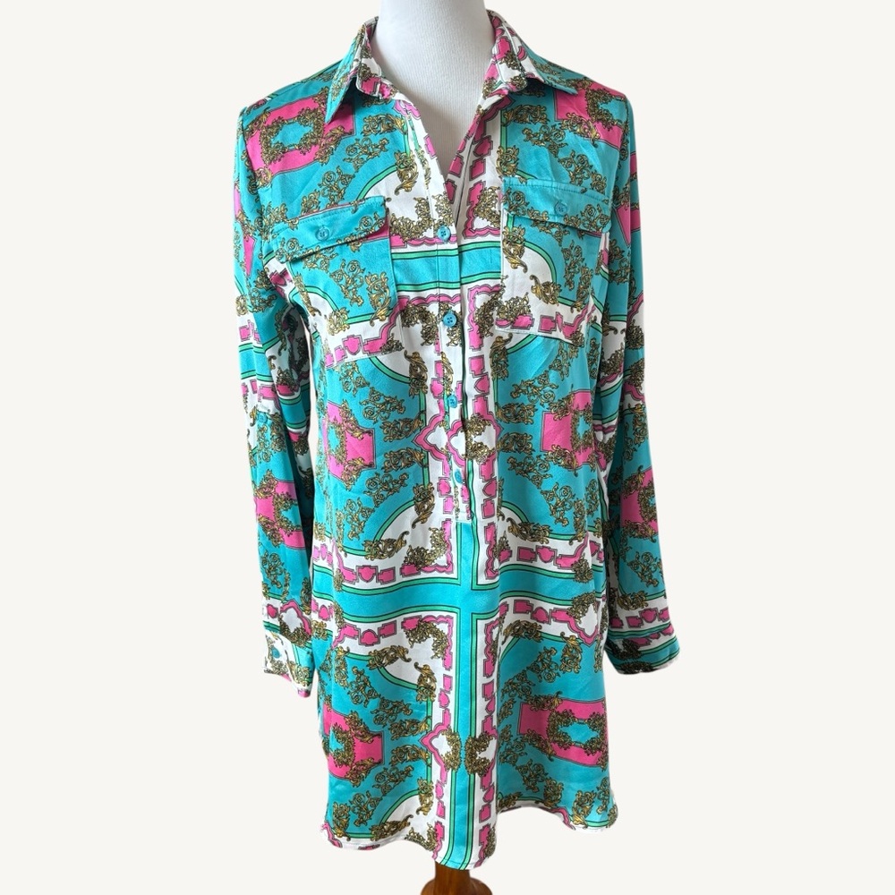 Jean Pierre Klifa Colorful Patterned Teal Collar Mini Dress Size Large